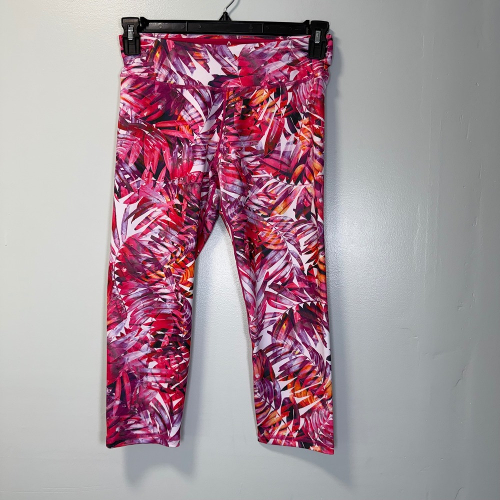 PrAna Womens Capri Leggings Pink Purple Tropical Palm Leaf Print Yoga Pants Med